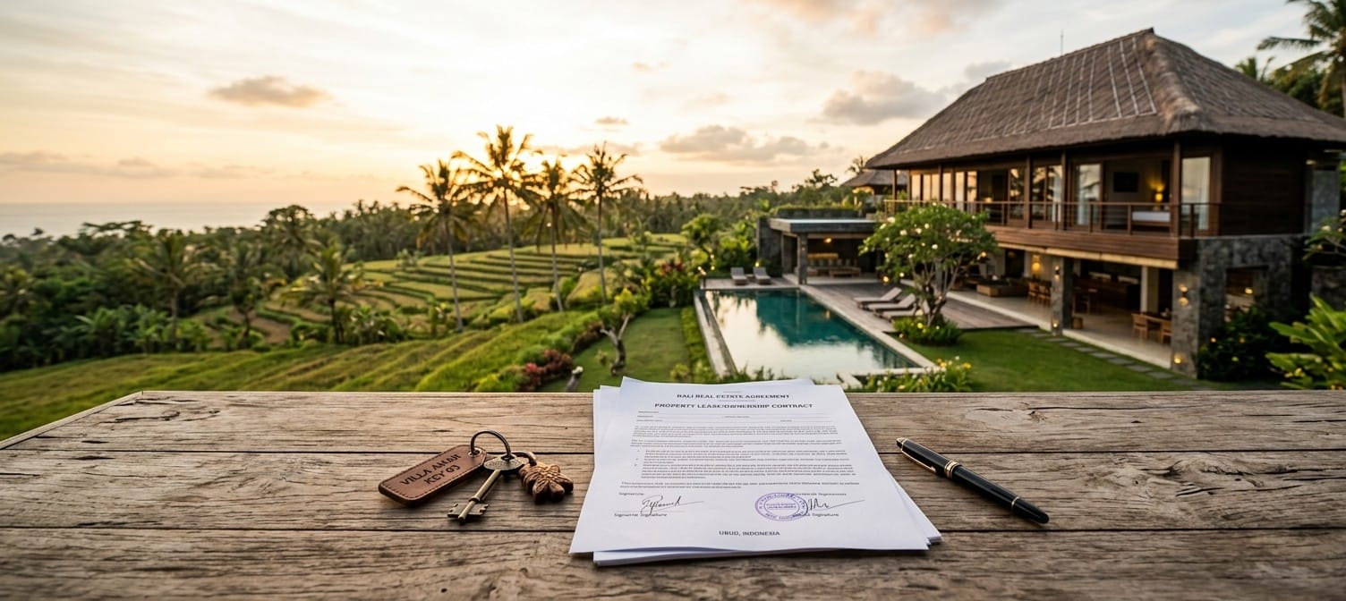 Villa sale contract on a wooden table in Bali, overlooking rice fields, palm trees and a villa with a pool at sunset