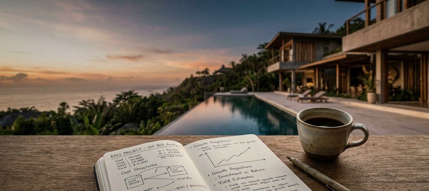Notebook with a villa ROI analysis next to a coffee, facing an infinity pool with sea views at sunset in Bali