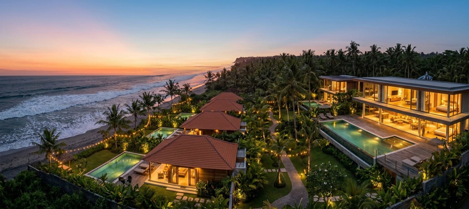 Aerial view of luxury pool villas in Tabanan, Bali, among palm trees at sunset
