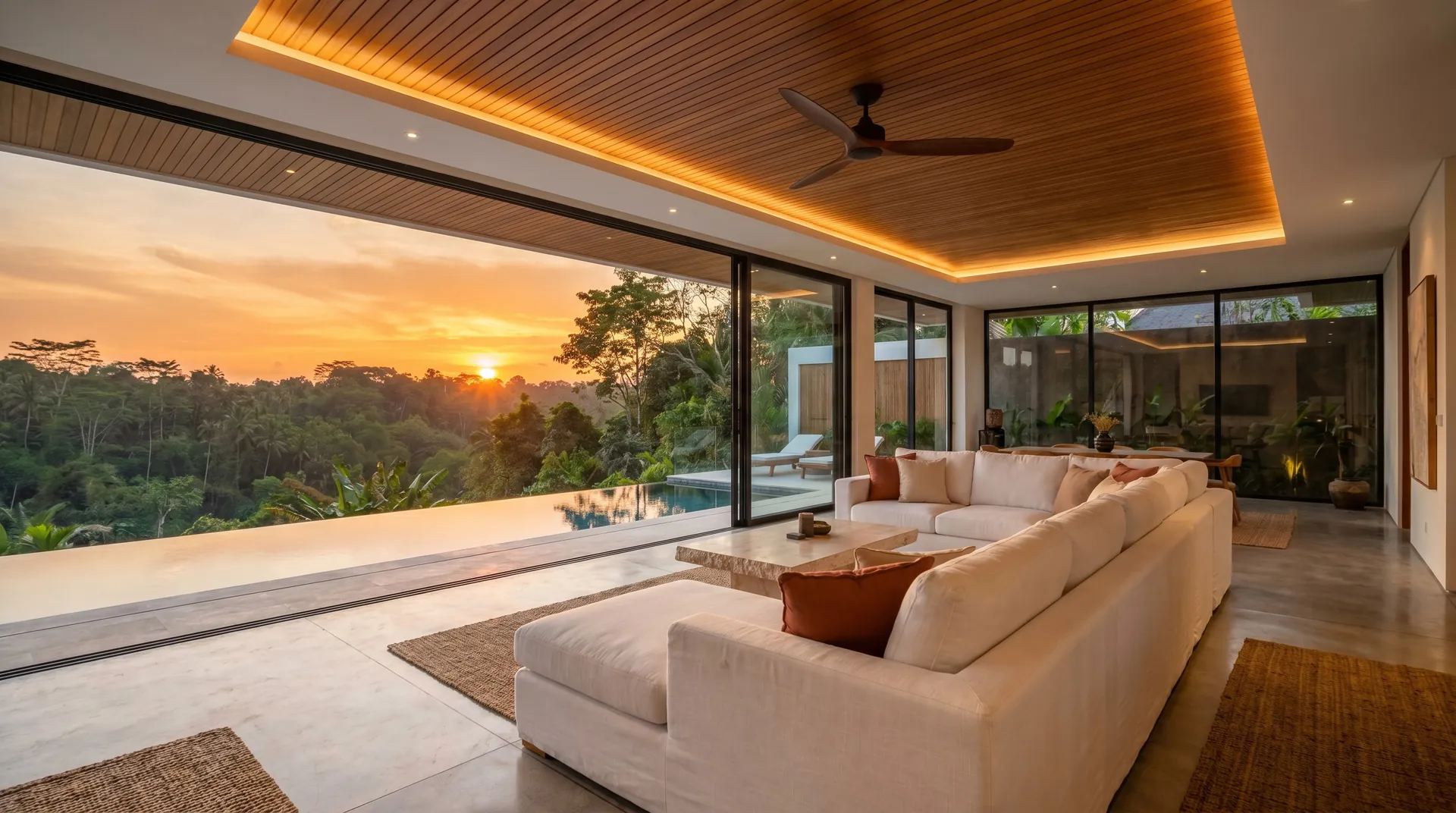 Salón abierto al océano al atardecer en una villa de Tabanan