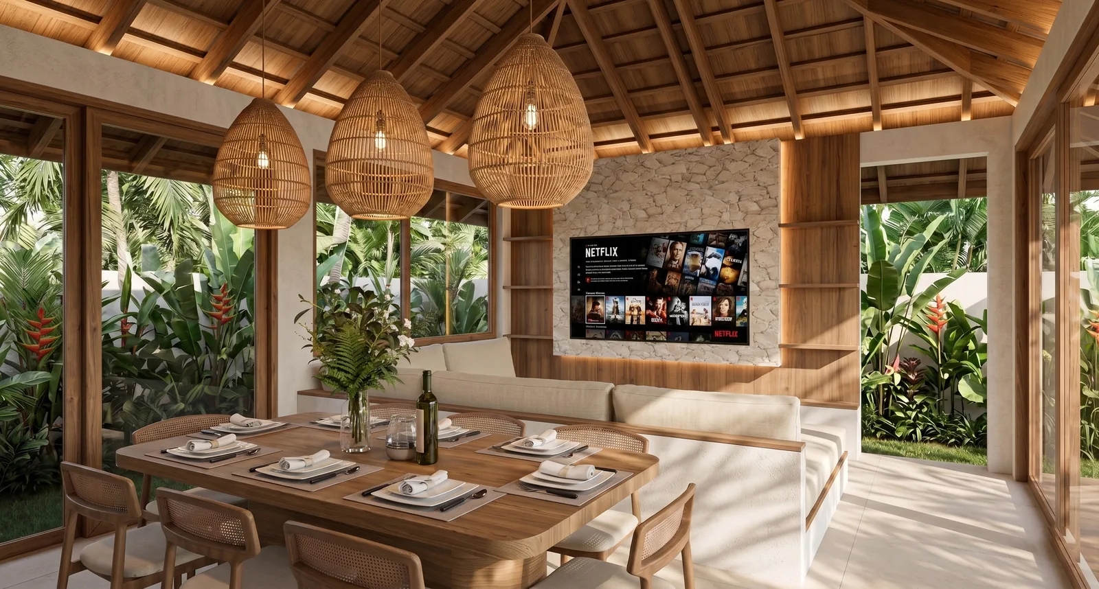 Villa Temple: salón abierto al jardín (render del proyecto)